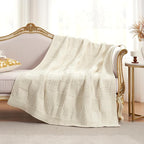 Amélie Home Checkered Chenille Knit Throw Blanket for Couch, Classic Texture Decorative Soft Blanket for Sofa, Chair & Bedroom, 50"x60", Ivory