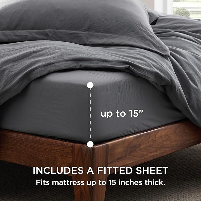 Bedsure California King Size Duvet Cover with Fitted Sheet - 4 Pieces Prewashed Cotton-Like Extra Soft Bedding Set, Includes 1 Duvet Cover 104x98 Inches, 2 Pillow Shams, 1 Fitted Sheet, Dark Grey
