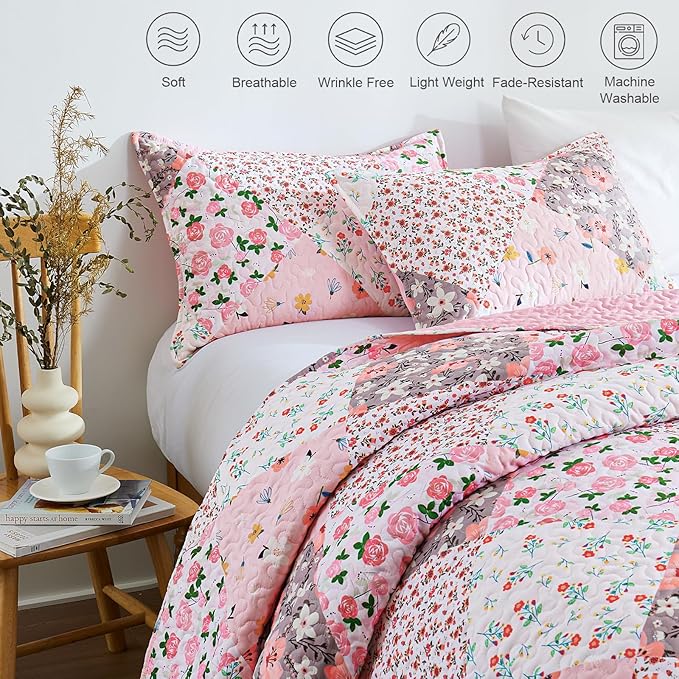 Whale Flotilla Patchwork Quilt King Size, Extra Soft Boho Floral Bedspreads for Bed Reversible Lightweight King Quilt Bedding Set Printed Coverlets with 2 Pillow Shams for All Seasons, Pink
