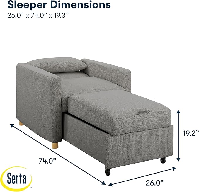 Serta® Corwin 36" Convertible Accent Chair, Dreamcoil® Comfort, FingerGuard® Pinch Point Protection, Polyester Boucle Fabric, Gray