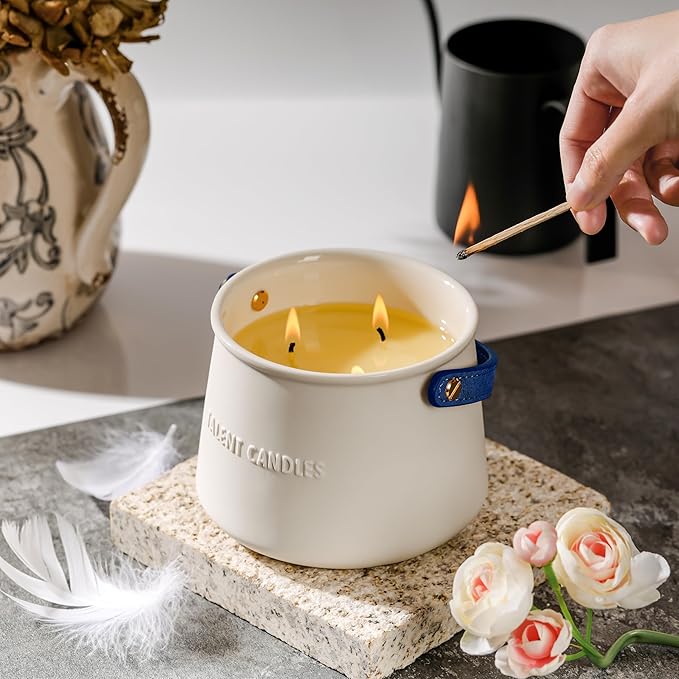 Candles for Home Scented - Scandinavian Style 3 Wick Candle - 30 Hours Long-Lasting Ceramic Candle Jar - Soy Candles Non Toxic with Minimalist Design - Summer Night