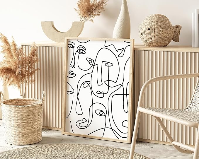 Y2K BOO Abstract Face Pattern UNFRAMED Wall Art Collage of Modern Faces Continuous Line Drawing 24x36 Inch Heavyweight Paper Studio Home Decor