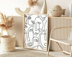 Abstract Face Pattern Wall Art Collage of Modern Faces Continuous Line Drawing 24x36 Inch Oak Wood Beige Framed Artistic Aesthetic Print for Living Room