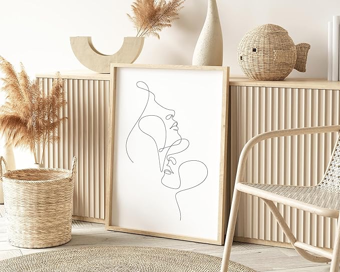 Minimalist Face to Face Wall Art Two Portraits Continuous Line Drawing 24x36 Inch Oak Wood Beige Framed Modern Aesthetic Profile Print for Bedroom Decor