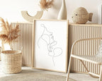 Minimalist Face to Face Wall Art Two Portraits Continuous Line Drawing 24x36 Inch Oak Wood Beige Framed Modern Aesthetic Profile Print for Bedroom Decor