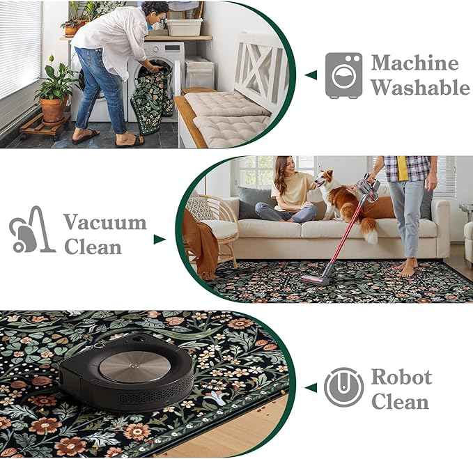Moynesa Floral Round Area Rugs 6ft, Washable Boho Round Living Room Rug, Non Slip Soft Large Circle Rugs for Dining Room, Botanical Ultra Thin Floor Carpet for Bedroom Kitchen, Black