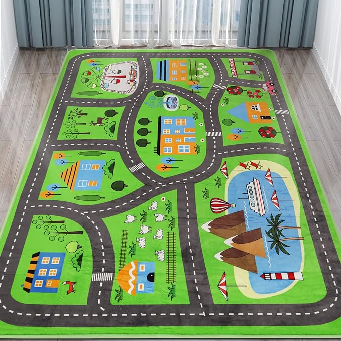 Kids Car Playmat 78.7"X 59", Kids Rug for Playroom Car Mat Town City Road Traffic Rugs, Play Mat for Floor, Extra Large Boys Kid Car Track Play Rug (Style Three, 78.7X 59 INCH)
