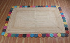 Scalloped Jute Rug, Hand Woven Runner Area Rug, 5x10 Ft Beige & Multicolor Braided Natural Sisal Kilim Rugs for Living Room, Kitchen, Entryway, Farmhouse