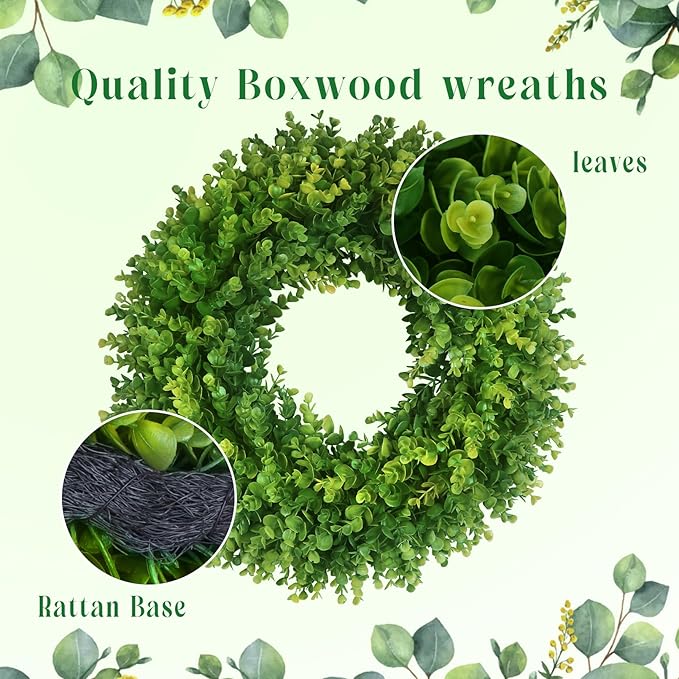 20''Boxwood Wreaths for Front Door,Artificial Spring Summer Wreath,Boxwood Wreaths with Sash,All Seasons Wreath for Farmhouse,Wedding,St Patrick's Day Decoration,Indoor & Outdoor