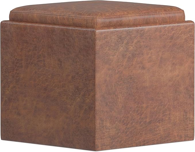 SIMPLIHOME Rockwood Cube Storage Ottoman with Tray - 17 inch Wide Upholstered Vegan Leather Square Storage Ottoman in Distressed Saddle Brown, Contemporary Cube Ottoman for Living Room with Tray