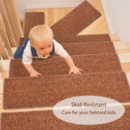 PURE ERA Bullnose Carpet Stair Treads Set Tape Free Non-Slip Indoor Stair Protectors Pet Friendly Rugs Covers Soft Skid Resistant Washable Reusable 9.5" x 30"(2 Pieces,Brown)