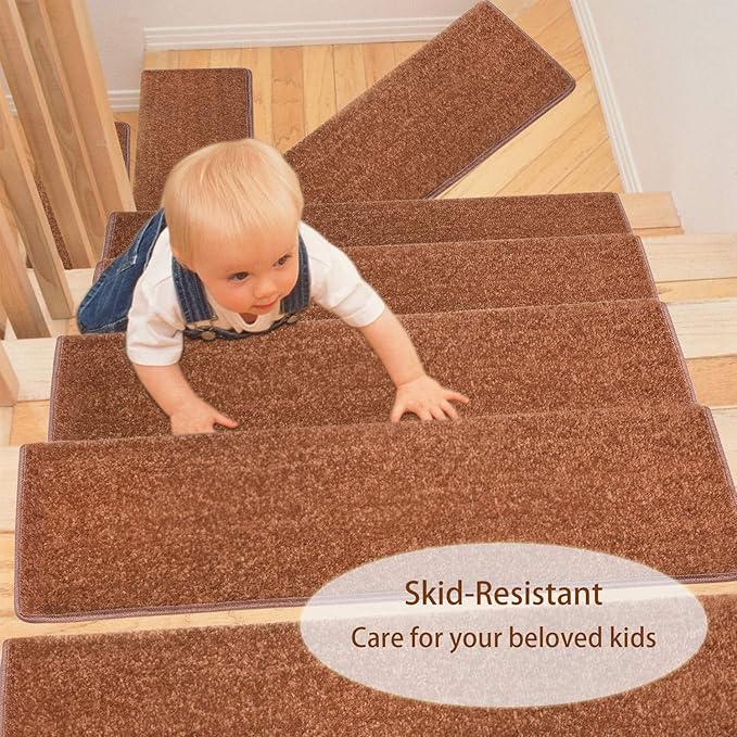 PURE ERA Bullnose Carpet Stair Treads Set Tape Free Non-Slip Indoor Stair Protectors Pet Friendly Rugs Covers Soft Skid Resistant Washable Reusable 9.5" x 30"(2 Pieces,Brown)