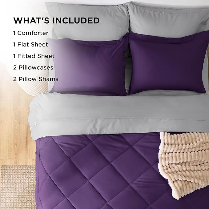 Bedsure Full Size Comforter Set - 7 Pieces Reversible Purple Bedding, Full Size Bed Set for All Seasons, Bed in a Bag with Down Alternative Comforter, Sheets, Pillowcases & Shams