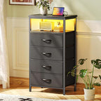 Huuger Night Stand with Charger Station and LED Lights, 4 Drawer Nightstand, Bed Side Table with Open Shelf, End Table, Fabric Dresser for Bedroom, Black