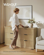 VASAGLE MAXE Collection - 6-Drawer Double Dresser for Bedroom, 54.2-Inch Wide Chest of Drawers, Fluted Panels, Mid Century Modern Storage Dresser, TV Stand for Living Room, Oak Beige ULTS662YC01S