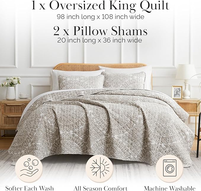 Southshore Fine Living, Inc. Ashanti Collection Oversized King Quilt Bedding Set, Soft Fabric, Lightweight Bedspread 3-Piece, Two Matching Shams (108 in Wide x 98 in Long), Cal/King Quilt Sets, Bone