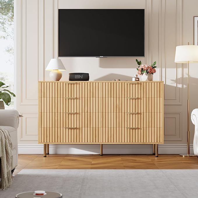 GarveeHome 8 Drawer Dresser for Bedroom, Fluted 55 in Wide Modern Chest of Drawers with Deep Drawers, Wooden Dresser Organizer for Living Room, Hallway, Kids Room, Natural