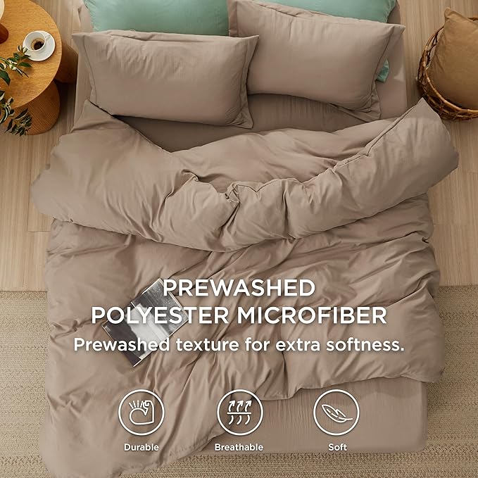 Bedsure Duvet Cover Queen Size with Fitted Sheet - 4 Pieces Prewashed Cotton-Like Polyester Extra Soft Bedding Set, Includes 1 Duvet Cover 90x90 Inches, 2 Pillow Shams, 1 Fitted Sheet, Deep Beige
