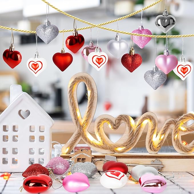 24PCS Heart Ornaments, 7 Kinds Valentine Ornaments for Tree, Valentine Tree Decorations in 4 Colors, Glitter Heart Shaped Baubles for Valentines Hanging Decorations Christmas Indoor Decor