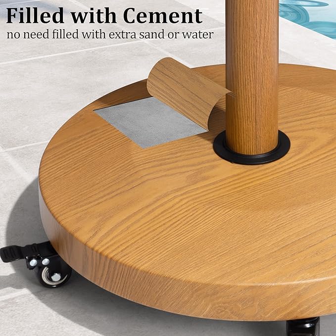 Patio Umbrella Base with 4 Wheels, 44lbs Round Heavy Duty Concrete Stand for Outdoor Market Umbrella, Teak