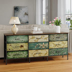 Tohomeor Dresser with Drawers for Bedroom Chest of Drawers Fabric Dresser for Closet,Nursery Entryway Hall Tree TV Stand for Living Room Retro Floral Pattern Drawers Wooden Top (Wide 9 Drawers)