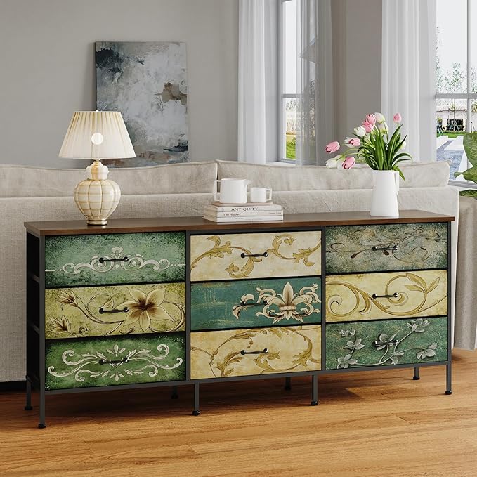 Tohomeor Dresser with Drawers for Bedroom Chest of Drawers Fabric Dresser for Closet,Nursery Entryway Hall Tree TV Stand for Living Room Retro Floral Pattern Drawers Wooden Top (Wide 9 Drawers)