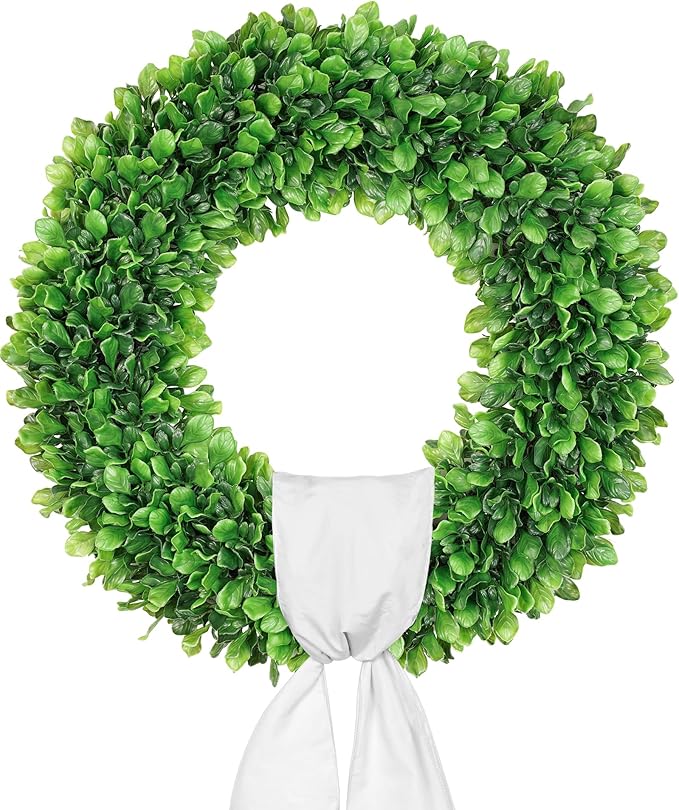 Vlorart 24 Inch Faux Round Boxwood Wreath, Weatherproof Front Door Large Wreaths Artificial Spring Summer Greenery Wreath with Sash for Farmhouse Wedding Year Round Indoor and Outdoor