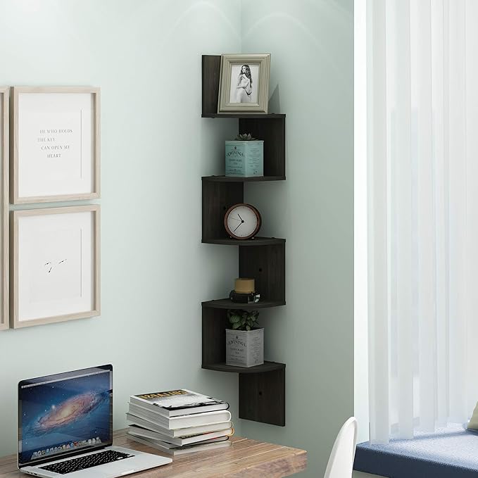 Furinno ROSSI Floating Book Shelves for Wall, 5-Tier Zigzag Corner Shelf Wall Mounted, Radial Corner Floating Shelf, for Living Room, Bedroom, Bathroom, Home Office, Espresso