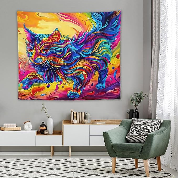VUMIVI Colorful Cat Tapestry Pet Oil Painting Print Rainbow Colorful Abstract Art Pattern Tapestry Wall Hanging for Living Room Bedroom Dorm Classroom Aesthetic Decor W60xL50in