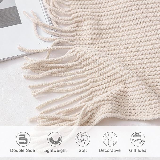 lifein Throw Blanket for Couch, Soft Boho Decor Bed Throw,Cozy Blue Chenille Knitted Small Farmhouse Lightweight Throw for All Season(White,50 * 60")