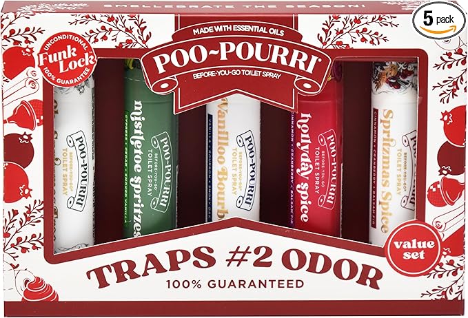 Poo-Pourri Holiday On-The-Go Travel Size, 5 pack Gift Set, Spritzmas Spice, Vanilla Bourbon, Oh Spritzmas Tree, Frosty Flush10mLs