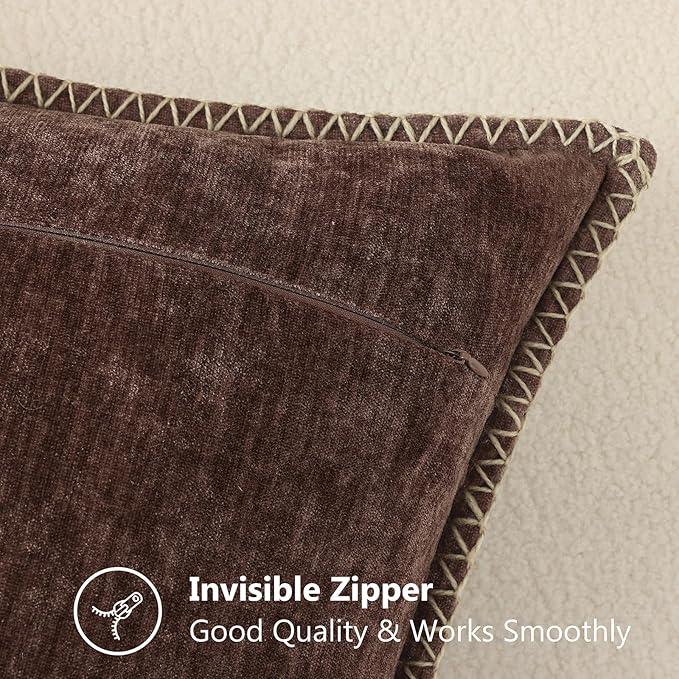 decorUhome Spring Chenille Soft Cozy Throw Pillow Covers 20x20 Set of 2, Modern Farmhouse Boho Velvet Decorative Pillow Cases with Stitched Edge for Couch Sofa Bed Home Decor, Chocolate