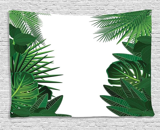 Ambesonne Leaf Tapestry, Exotic Fantasy Hawaiian Tropical Palm Leaves Floral Graphic Art Print, Wide Wall Hanging for Bedroom Living Room Dorm, 60" X 40", Green White