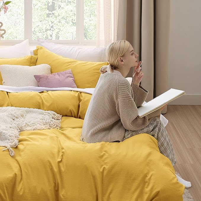 Bedsure Mustard Yellow Duvet Cover Twin/Twin XL Size - 2 Pieces Prewashed Cotton-Like Extra Soft Bedding Set, Includes 1 Twin Duvet Cover 68x90 Inches with Zipper Closure & 1 Pillow Sham, No Comforter