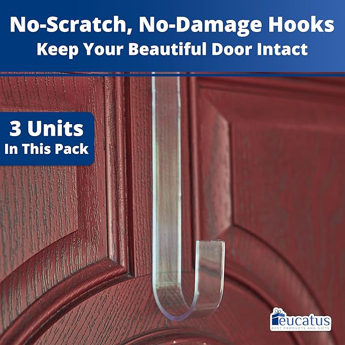 Non Scratch 100% Clear 12in Wreath Hanger 3Pk. Slim Christmas Wreaths Holders for Hanging Fall Halloween Decorations Over Front or Garage Door. Best Long Hooks for Indoor or Outdoor Home Decor.