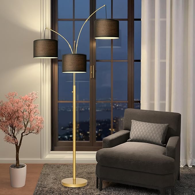 Nintiue Dimmable Floor Lamp - 3 Lights Gold Floor Lamps for Living Room with Black Shades & Heavy Base, Mid Century Tree Floor Lamp for Bedroom Office, 3 LED Bulbs Included
