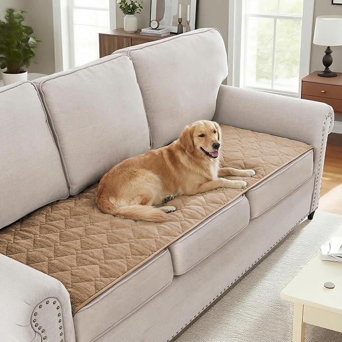 H.VERSAILTEX Couch Cover Chenille Pet Fuzzy Sofa Covers for 3 Cushion Couch Anti Slip Washable Sofa Slipcovers with Strap Soft Couch Protector Cover for Dogs Cats Kids(27.6" x 82",Khaki)