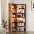 4 EVER WINNER Corner Bookshelf, 6 Tier Bookcase with LED Light and Storage, Industrial Tall Bookshelf Etagere Bookcase, 71” Corner Book Shelf with Storage Display Rack with Baffles for Home Office