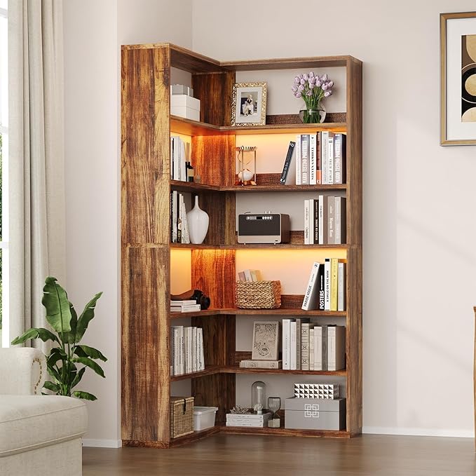 4 EVER WINNER Corner Bookshelf, 6 Tier Bookcase with LED Light and Storage, Industrial Tall Bookshelf Etagere Bookcase, 71” Corner Book Shelf with Storage Display Rack with Baffles for Home Office