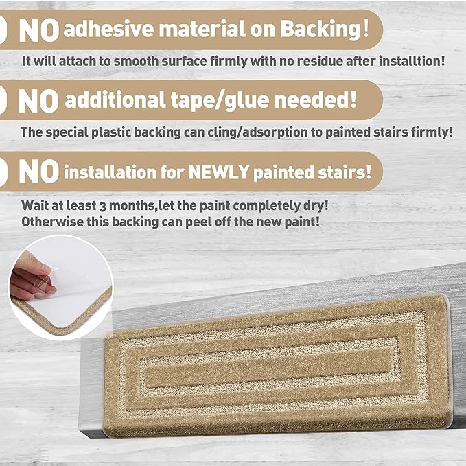 PURE ERA Bullnose Carpet Stair Treads Set Tape Free Non-Slip Indoor Stair Protectors Pet Friendly Rugs 9.5" x 30"(7 Pieces,Khaki Rectangular)