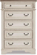 Signature Design by Ashley Realyn French Country 5 Drawer Chest, Tipover Restraint Device, 2-tone Finish, Wood, 40.13" W x 18.13" D x 58.13" H, Chipped White