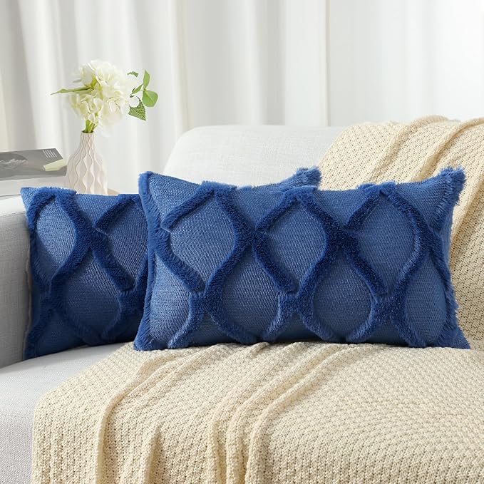 decorUhome Spring Throw Pillow Covers 12x20 Inch Set of 2, Soft Plush Faux Fur Wool Lumbar Dark Blue Couch Pillow Covers, Decorative Neutral Pillow Cases for Bed Sofa Living Room Home Decor