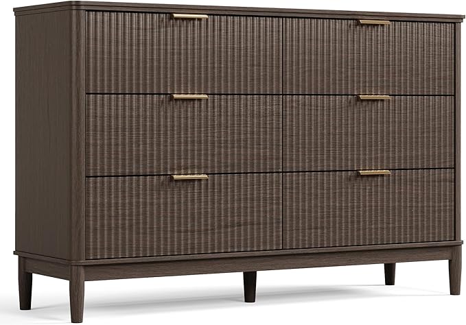 LINSY HOME Fluted 6 Drawer Double Dresser, 54" Wide Modern Chest of Drawers, Curved Profile Design, Mid Century Wood Dresser with Metal Handle for Bedroom, Living Room, Hallway, Entryway, Walnut