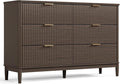 LINSY HOME Fluted 6 Drawer Double Dresser, 54" Wide Modern Chest of Drawers, Curved Profile Design, Mid Century Wood Dresser with Metal Handle for Bedroom, Living Room, Hallway, Entryway, Walnut