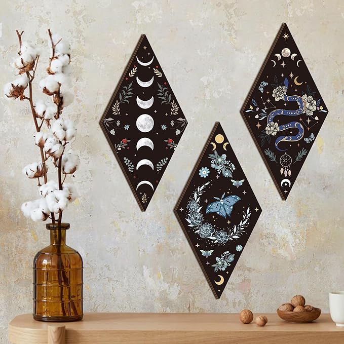 Romart Moon Phase Wall Decor: 4 Pieces Boho Moon Phases Moth Wall Art Wooden Gothic Witchy Hanging Wall Decor Minimalist Wall Pediments for Bedroom Living Room Home Decorations