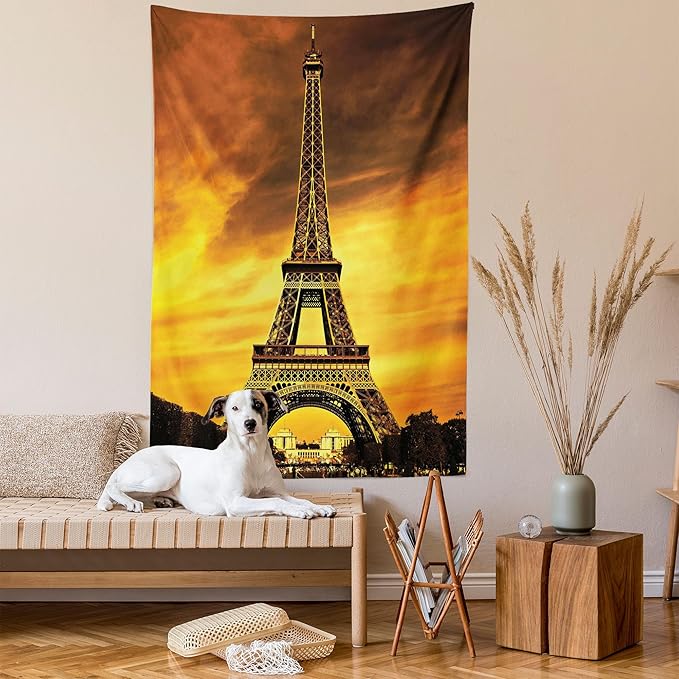 Ambesonne Eiffel Tower Tapestry Twin Size, Paris Love City Monument in Dramatic Sunrise Picture of French Landmark, Wall Hanging Bedspread Bed Cover Wall Decor, 68" X 88", Yellow Brown