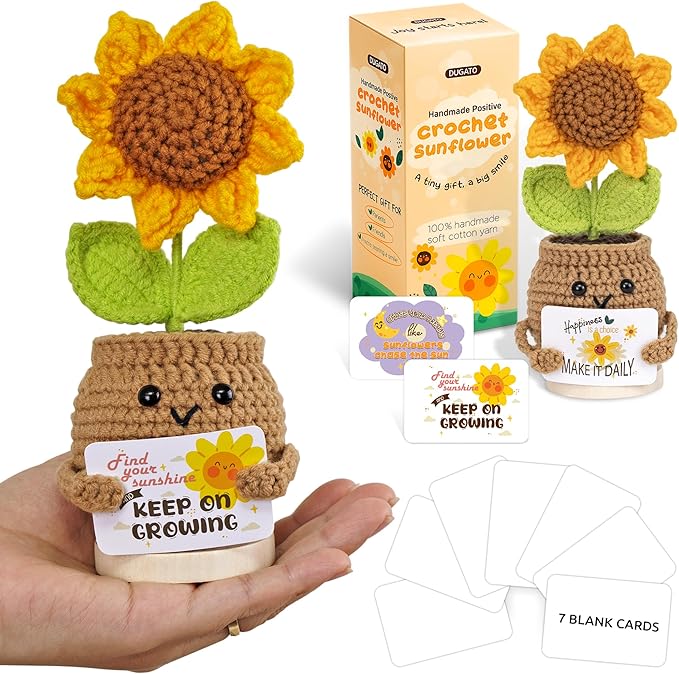 DUGATO Handmade Crochet Positive Sunflower with Magnetic Hands & 10 Customizable Cards - Uplifting Gift for Women, Friends, Coworkers - Cute Desk Decor for Office & Home