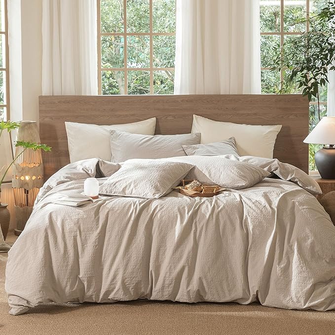 MooMee Wavy Striped Duvet Cover Set 100% Washed Cotton Linen Like Textured Breathable Durable Soft Comfy (Beige, Super King 108"x98")