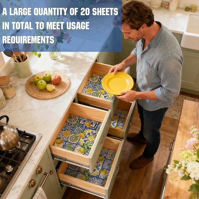 BBTO 20 Sheet Scented Drawer Liners for Dressers 15.8" x 22" Scented Fragrant Cabinet Paper Liners Non Adhesive Drawer Paper Mats for Bedroom Home Closet Shelves(Lemon)