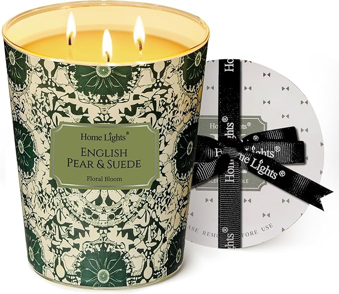 HomeLights Scented Candles | Large Jar 34 Oz Natural Soy Candle | 130 hrs Long-Lasting with 3 Wicks | Bohemian Natural for Home Decor | Gifts for Mom & Women, English Pear & Suede